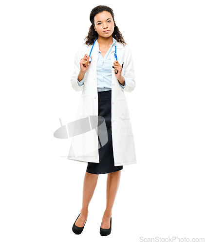 Image of Confidence, healthcare and portrait of a female doctor in a studio after a consultation. Stethoscope, career and full boy of a professional woman medical worker standing isolated by white background.