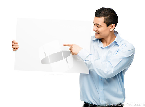 Image of Smile, pointing and business man with poster in studio isolated on a white background mockup. Happy, banner and professional with space for advertising, marketing or commercial board on promotion.