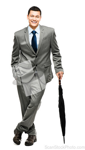 Image of Portrait, umbrella and insurance with a business man in studio isolated on a white background for cover. Finance, security and winter with a male broker or agent standing indoor for in a suit