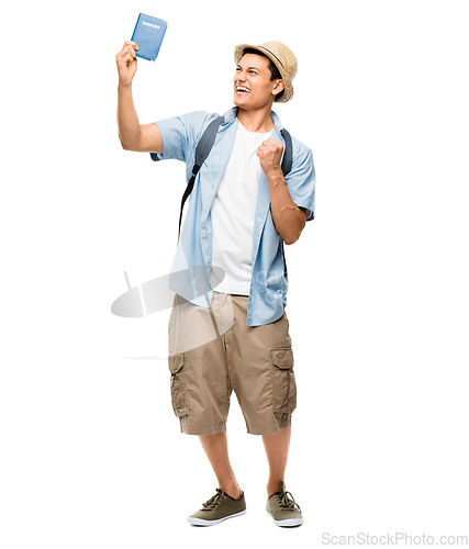 Image of Passport, travel and man excited for vacation, holiday or tourism on white studio background for adventure or flight. Airport, document and person ready with id, boarding pass or papers for journey