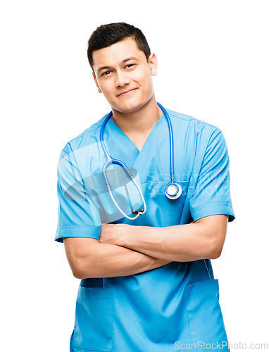 Image of Portrait, nurse and confident man with arms crossed in studio isolated on a white background. Face, medical professional worker and Asian surgeon, doctor or physician ready for healthcare in Japan.