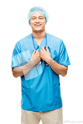 Image of Portrait, nurse and excited man with stethoscope in studio isolated on white background. Confidence, medical professional and funny Asian surgeon, doctor or physician from Japan ready for healthcare.