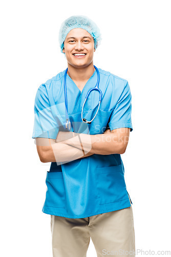 Image of Nurse, portrait and happy man with arms crossed in studio isolated on a white background. Confidence, medical professional and Asian surgeon, doctor and physician from Japan ready for healthcare.