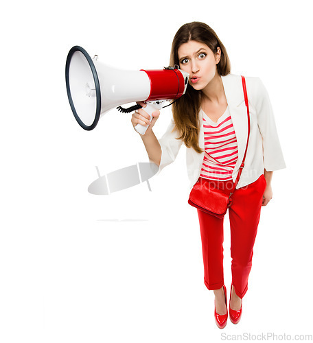 Image of Megaphone, fashion and portrait of a woman in studio for serious announcement, voice or speech. Weird and comic female model in trendy red clothes with a loudspeaker for breaking news or broadcast