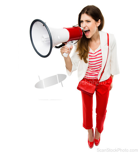 Image of Fashion, megaphone and a woman shouting in studio for serious announcement, voice or speech. Frustrated female model in stylish red clothes with a loudspeaker for breaking news, protest or broadcast