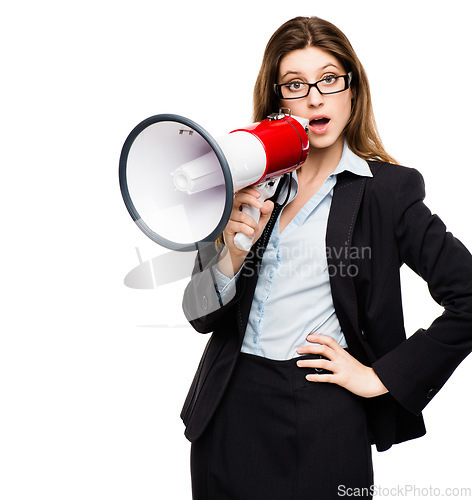 Image of Shocked, megaphone and a business woman in studio for wow announcement, voice or speech. Surprised female model in corporate clothes with a loudspeaker for breaking news, protest or broadcast