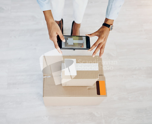 Image of Delivery, phone and scan with hands of woman and box for shipping, ecommerce product and small business. Supply chain, package and distribution with closeup of employee and mobile photo for cargo