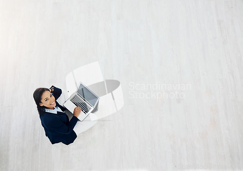 Image of Laptop, floor and business woman planning, copywriting and online social media in startup career and mockup. Portrait, website and professional writer, editor or person on computer for research above