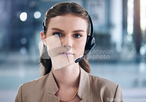 Image of Serious woman, portrait face and call center with headphones for telemarketing at the office. Female person, consultant or agent with headset for customer service, support or online telecommunication