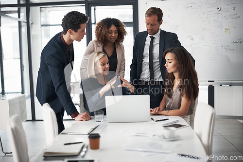 Image of Meeting, advice and business people with laptop, mentor and planning ideas in collaboration on project proposal. Teamwork, coaching and workshop, men and women with target management in modern office