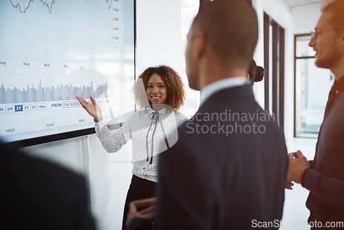 Image of Presentation, graph and meeting with business people in office for project management, coaching and strategy. Data chart, finance and speaker with woman in workshop for training, seminar and planning