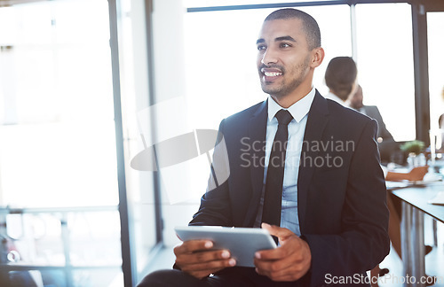 Image of Accountant, tablet and thinking man in office for business email, online research app or working. Smile, technology and corporate auditor with idea, planning or problem solving solution in company.