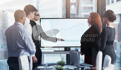 Image of Leader, monitor or business people in a presentation for chart report or graphs analysis in a meeting. Data analytics, woman manager or speaker planning sales growth on screen in mentorship coaching