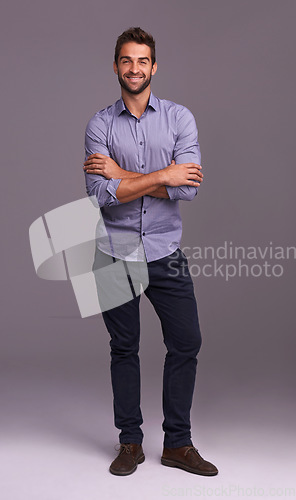 Image of Auditor, portrait and business man with arms crossed in studio isolated on a gray background mockup. Confident, person and happy professional accountant from Canada with clothes, fashion and style.