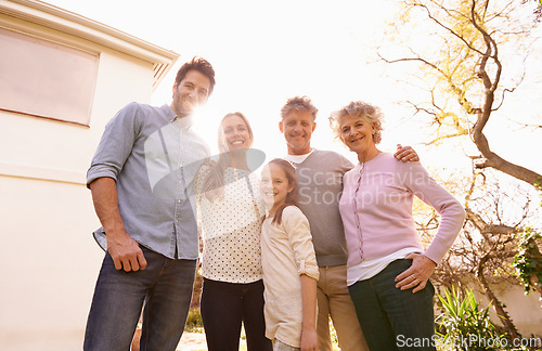 Image of Hug, backyard portrait and big family of happy child, grandparents and parents bond, care and embrace together. Solidarity, mother and kid with grandma, grandpa and dad for love, reunion or support