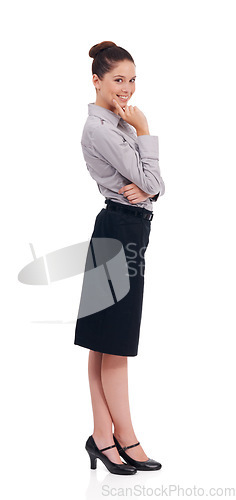 Image of Professional portrait, smile and happy woman, confident legal advisor or lawyer for business career pride. Government law advocate, attorney and isolated female person on white background in studio