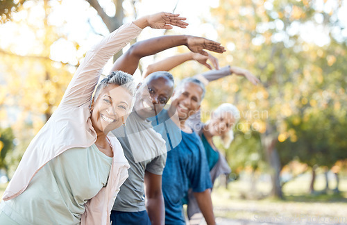 Image of Stretching, portrait and senior people in park for muscle health, workout and training with retirement community. Yoga, exercise and elderly friends or group of women and men for fitness in nature