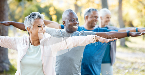 Image of Stretching, yoga and senior people in park for muscle health, workout and training with retirement community. Pilates, exercise and happy elderly friends, group or women and men for fitness in nature