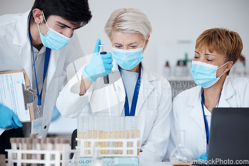 Image of Analysis, covid team and employees in a lab for healthcare research, medical analytics or science. Chemistry, education and scientists witth face mask and teamwork to study a liquid or chemical