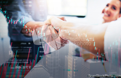 Image of Business people, handshake and collaboration for partnership on overlay in city. Shaking hands, deal and employees with agreement on double exposure with graph data for acquisition, b2b and welcome.