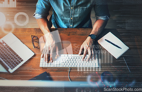 Image of Digital hologram, man typing on keyboard with technology and social network connection for online communication. Data analysis or laptop, programming and top view hand of male person write an email