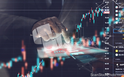 Image of Tablet, overlay and hand of businessman on stock market, trading with data and statistics of finance, investment or profit. Mobile app, growth of money and hologram of graphs, information or fintech