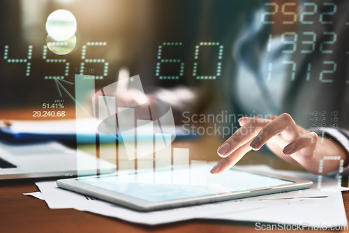 Image of Accounting, overlay and hand with tablet at night for stats, research or communication at a desk. Digital, overtime and accountant typing on technology with data, charts and cgi numbers in the dark