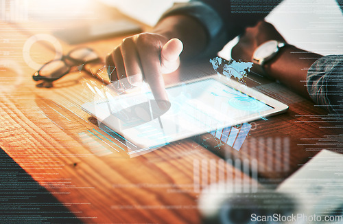 Image of Hand, tablet and overlay with a business man in a coffee shop for remote work as a freelance employee. Technology, digital and future with a male entrepreneur sitting in a cafe for internet research