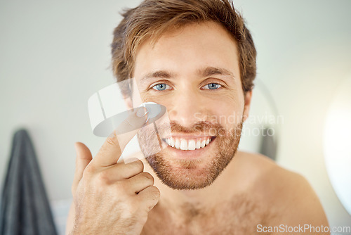 Image of Bathroom, face cream or portrait of happy man with home facial cleaning, morning skincare grooming or male beauty routine. Cosmetology cosmetics, self care and fresh person smile for acne treatment