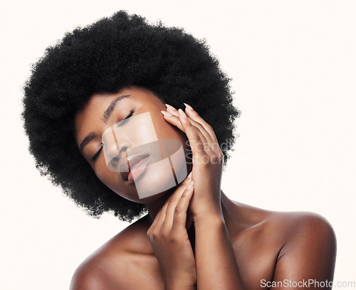 Image of Black woman, touch face and skincare with eyes closed in studio isolated on a white background. Natural cosmetics, confidence and African model with spa treatment for aesthetic, wellness and beauty.