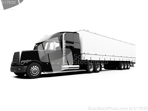 Image of Black semi truck on white background