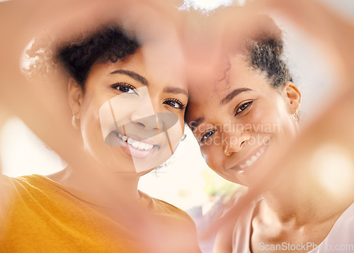 Image of Hands, heart symbol and face with couple in home, love or icon for romance, care or bonding. People, fingers and partnership for support, emoji or together for pride in house with smile in portrait