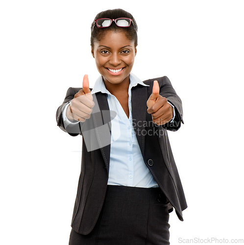 Image of Thank you, portrait of a businesswoman with thumbs up and in a white background for winner. Feedback or agreement, congratulation or success and African woman with like hand emoji for vote or review