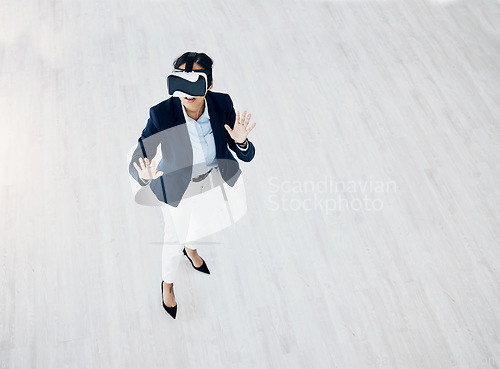 Image of Business woman, vr headset and digital game with professional in office with metaverse and mockup. Virtual reality glasses, female employee and above view with 3d and future platform with testing