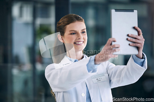 Image of Doctor, happy woman or selfie at hospital for social media app, profile picture or about us post online. Tablet, smile or medical worker taking photo for blog, internet or web networking in clinic
