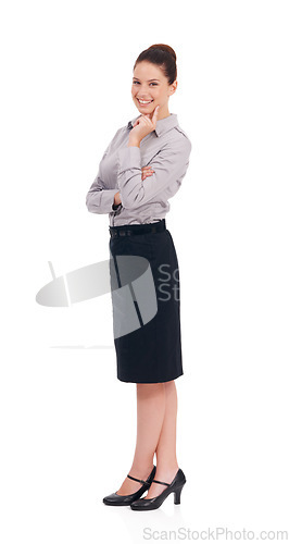 Image of Professional portrait, business and happy woman, confident legal advisor or lawyer happiness, pride and job vocation. Law advocate, female attorney trust and studio agent isolated on white background