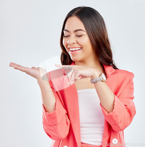 Image of Pointing, fashion or hand of happy woman for a sale, retail product offer or discount deal in studio. Option, smile or girl showing mockup space or menu choice promotion isolated on white background