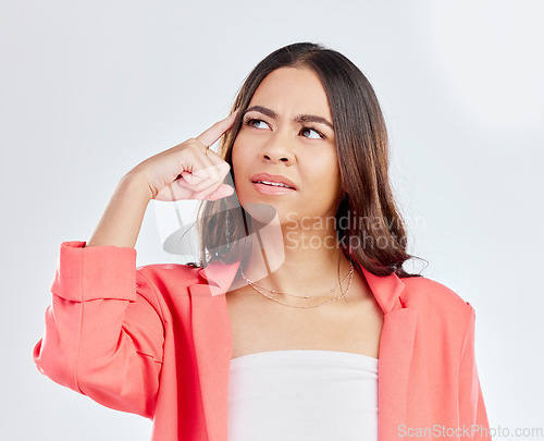 Image of Thinking, face and business woman confused over corporate plan, problem solving solution or strategy ideas. Doubt, studio and professional person uncertain about decision choice on white background