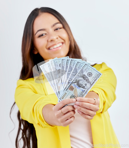 Image of Money, studio portrait or happy woman, business trader or person show cash dollar prize, competition win or giveaway. Winner, pay or corporate agent face with 401k, wealth or rich on white background