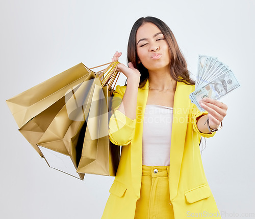 Image of Money, shopping bag or portrait studio woman with cash dollar bills, discount reward or bonus prize. Luxury giveaway, sales or fashion customer, winner or person with savings deal on white background