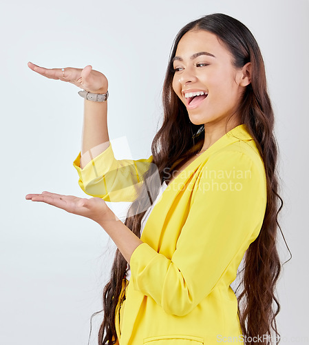 Image of Product gesture, business or happy woman excited for corporate presentation, branding notification or announcement. Brand logo design, mockup space or professional person discount on white background