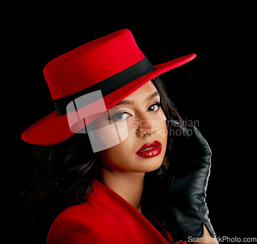 Image of Woman, retro spy and glamour portrait in studio with vintage fashion and cosplay agent. Young female person, black background and luxury style with cosmetics, 1920s clothes and model with confidence