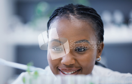 Image of Research, happy woman or scientist with plants in test tubes for analysis, sustainability or leaf growth. Science blur, studying biotechnology or biologist smiling in laboratory for agro development