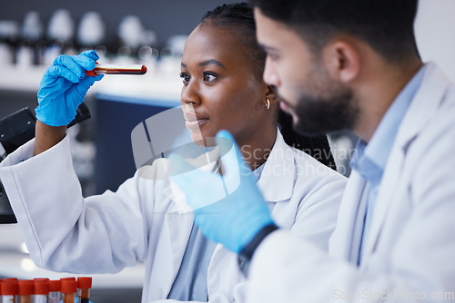 Image of Science, collaboration and scientists with a blood test in a lab working on a experiment, test or exam. Medical, pharmaceutical and team of researchers doing scientific dna research in a laboratory.