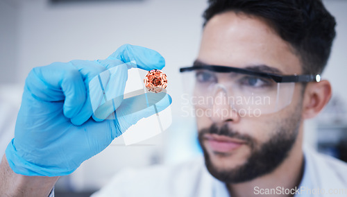 Image of Man, studying or scientist with bacteria for research analysis, healthcare breakthrough or future innovation. Hand, biotechnology or biologist in a laboratory for virus cure or science development