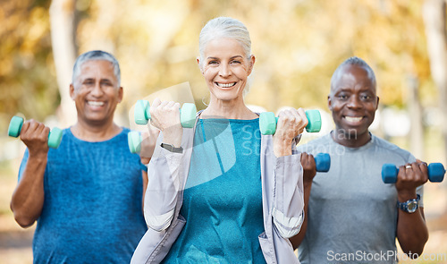 Image of Weights, fitness and portrait of senior people doing a strength arm exercise in an outdoor park. Sports, wellness and group of elderly friends doing a workout or training class together in nature.