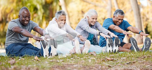 Image of Fitness, stretching and senior people in park for healthy body, wellness and active workout outdoors. Retirement, sports and men and women stretch legs on grass for exercise, training and warm up