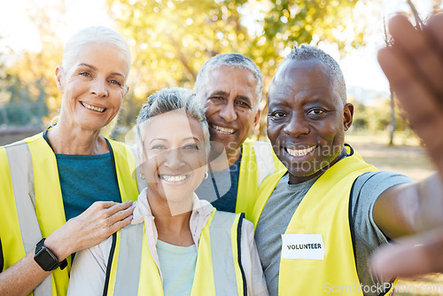 Image of Volunteering portrait, selfie and people outdoor for cleaning, community service or gardening on social media or blog. Environment, NGO group and senior woman or friends in a profile picture in park