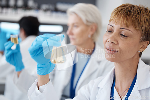 Image of Essential oil, development and scientist in a lab doing research organic and natural fragrance in a clinic. Serum, treatment and collagen expert working on a skincare, perfume or beauty product