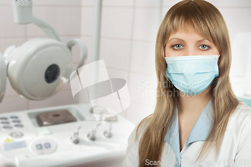 Image of Female ophthalmologist in protective mask